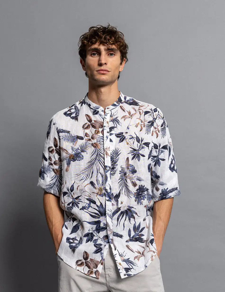 Smart fashion ανδρικό allover λινό πουκάμισο με mao γιακά 51-203-007 WHITE ALLOVER