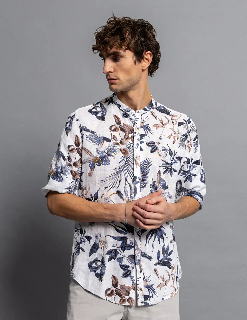 Smart fashion ανδρικό allover λινό πουκάμισο με mao γιακά 51-203-007 WHITE ALLOVER