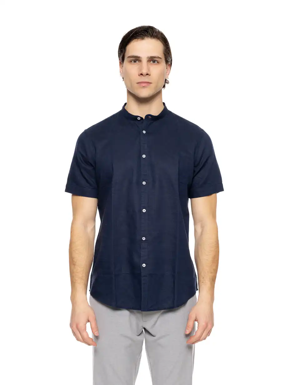 Smart fashion ανδρικό λινό K/M πουκάμισο με mao γιακά 51-203-008 NAVY