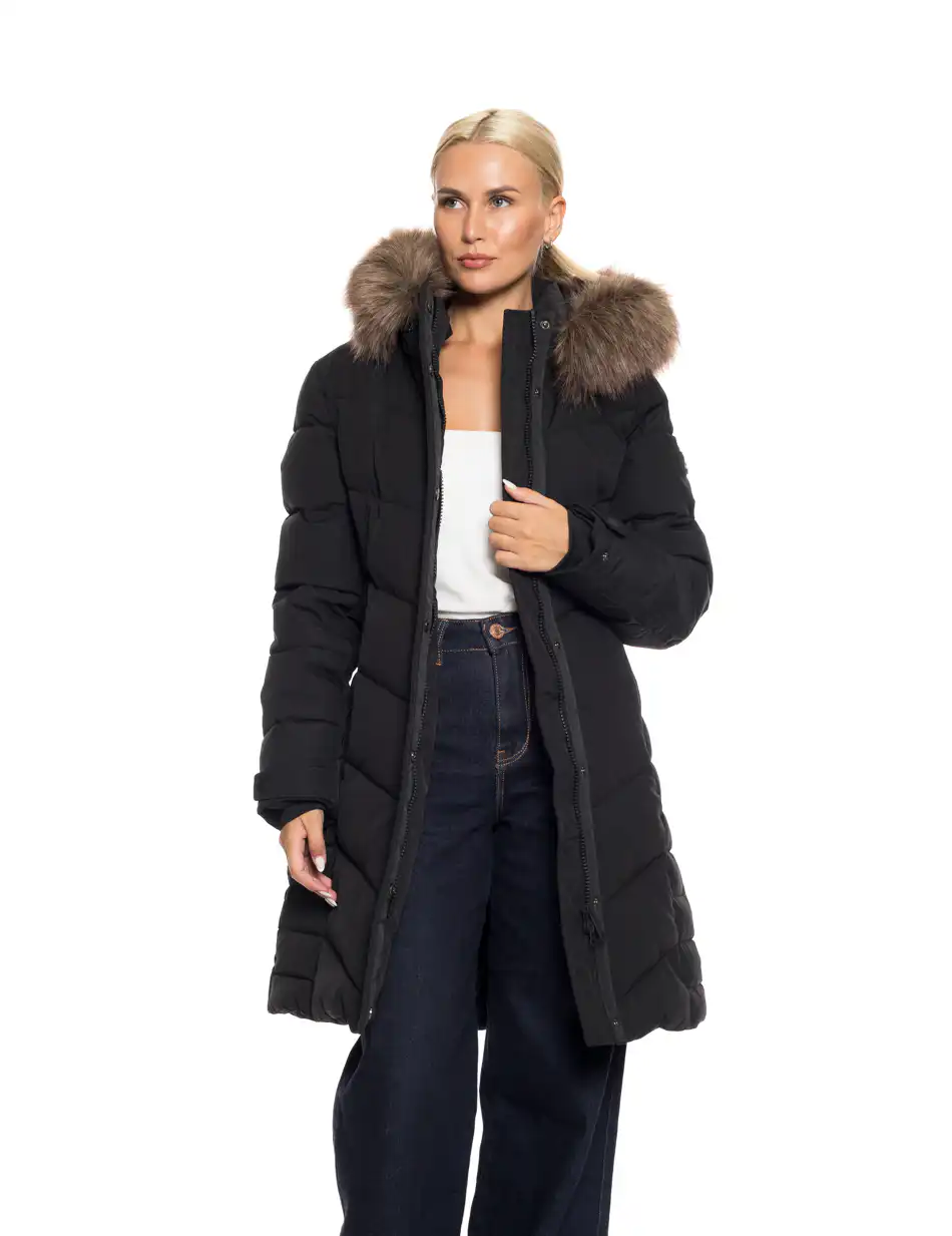 Biston Fashion γυναικείο μακρύ μπουφάν με αποσπώμενη κουκούλα 52-101-025 BLACK