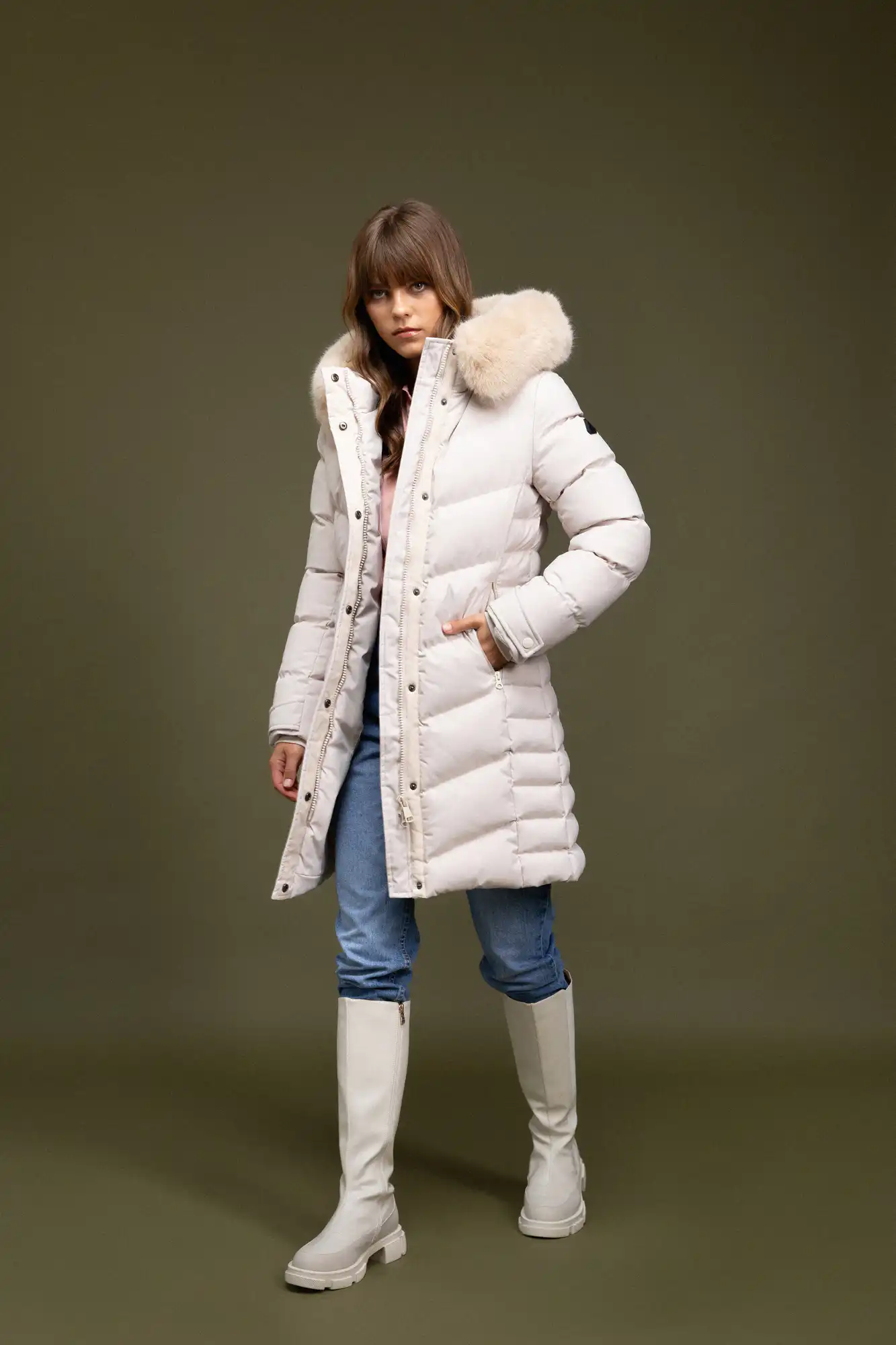 Biston Fashion γυναικείο μακρύ μπουφάν με αποσπώμενη κουκούλα 52-101-025 LT BEIGE