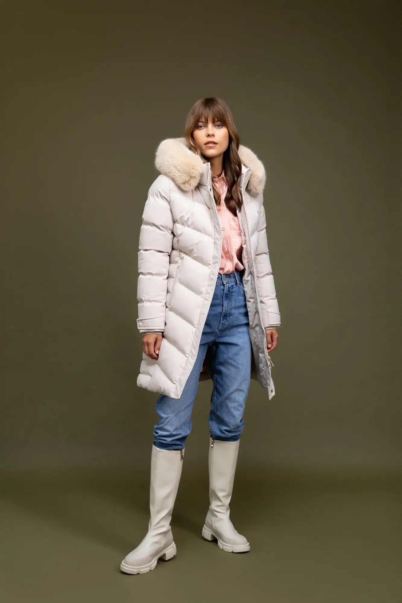 Biston Fashion γυναικείο μακρύ μπουφάν με αποσπώμενη κουκούλα 52-101-025 LT BEIGE