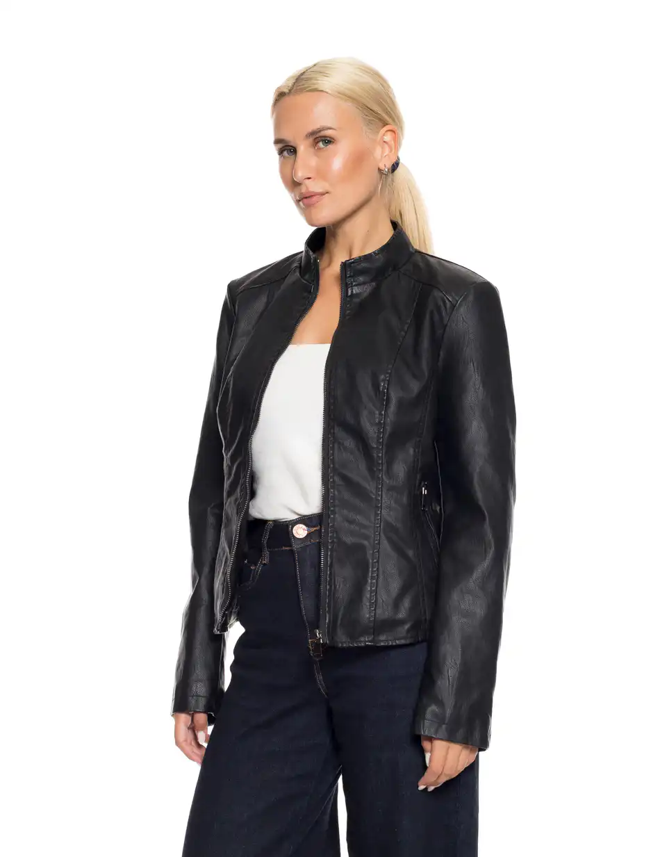 Biston fashion γυναικείο κοντό πανωφόρι από συνθετική δερματίνη 52-101-027 BLACK