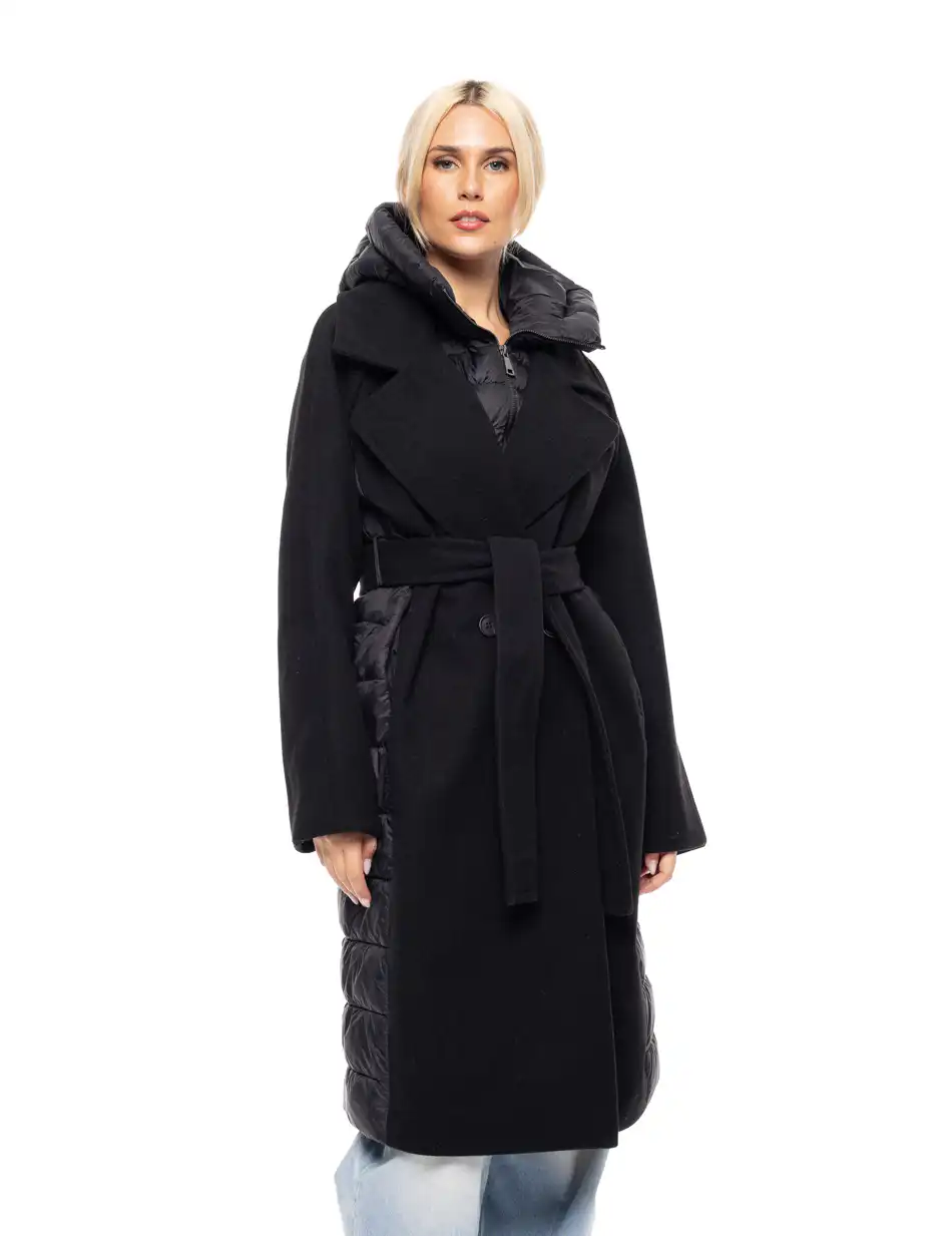 Splendid fashion γυναικείο μακρύ μάλλινο πανωφόρι με κουκούλα 52-101-028 BLACK