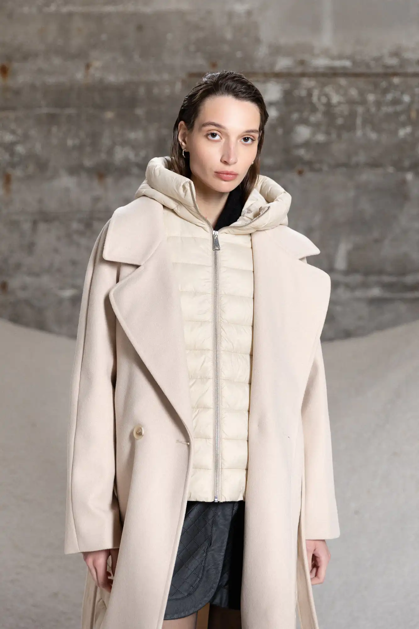 Splendid fashion γυναικείο μακρύ μάλλινο πανωφόρι με κουκούλα 52-101-028 LT BEIGE