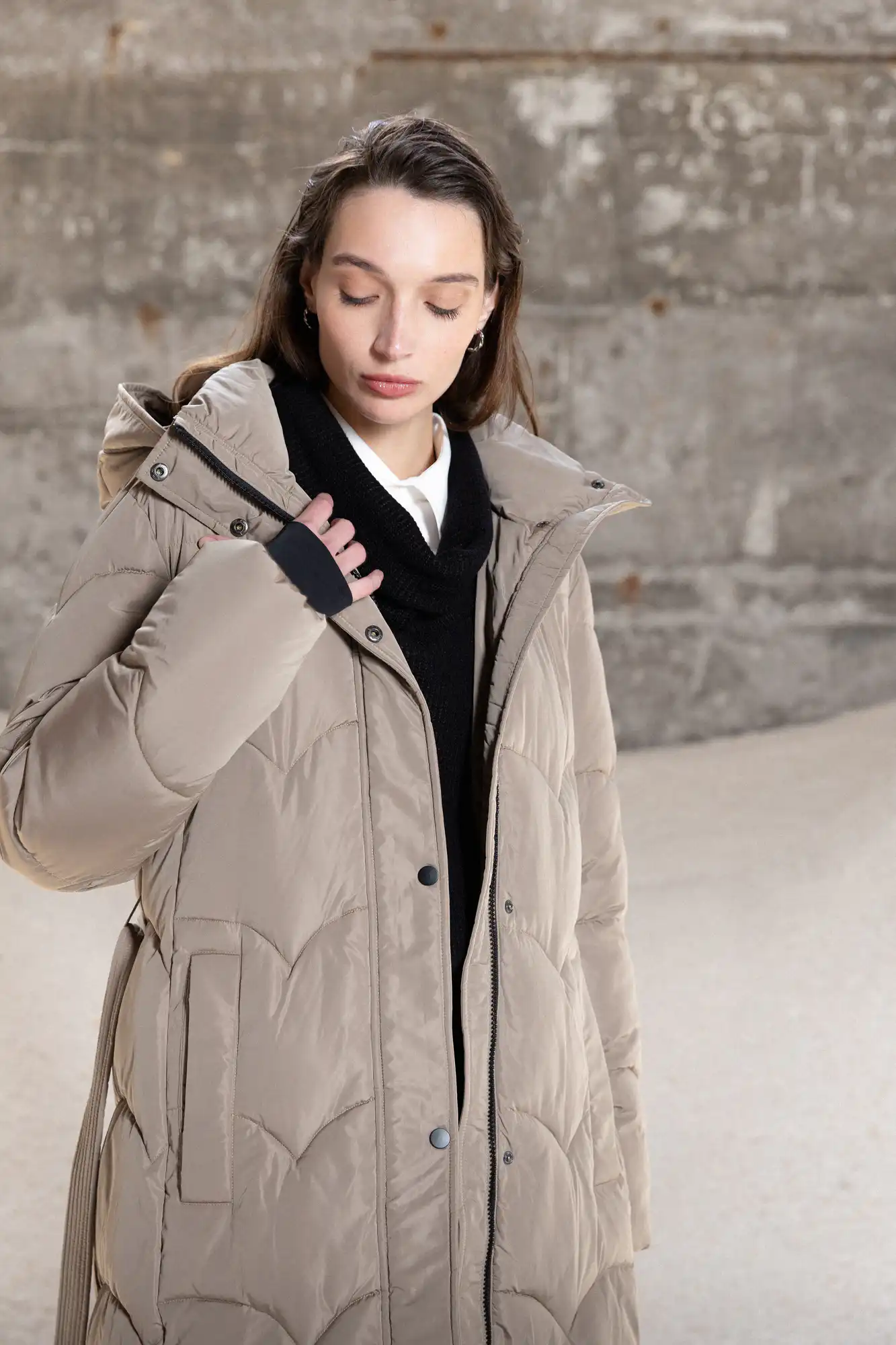 Splendid fashion γυναικείο μακρύ μπουφάν με αποσπώμενη κουκούλα 52-101-056 DK BEIGE