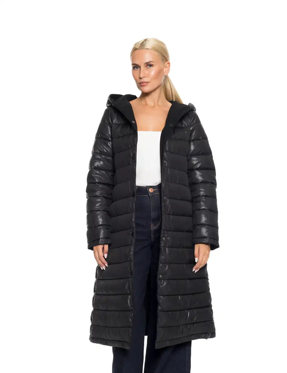 Biston fashion γυναικείο μακρύ μπουφάν με ενσωματωμένη κουκούλα 52-101-068 BLACK