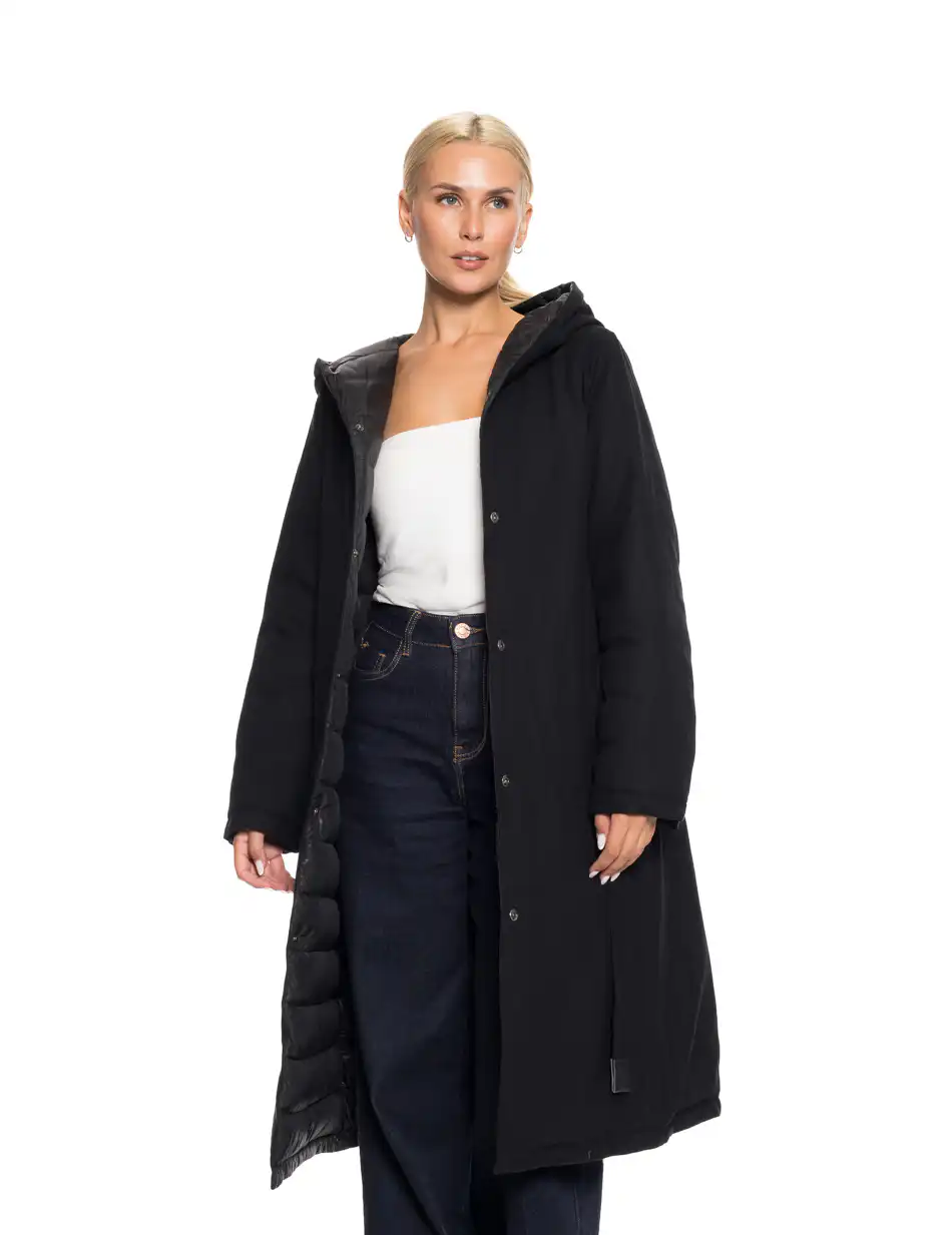 Biston fashion γυναικείο μακρύ μπουφάν με ενσωματωμένη κουκούλα 52-101-068 BLACK