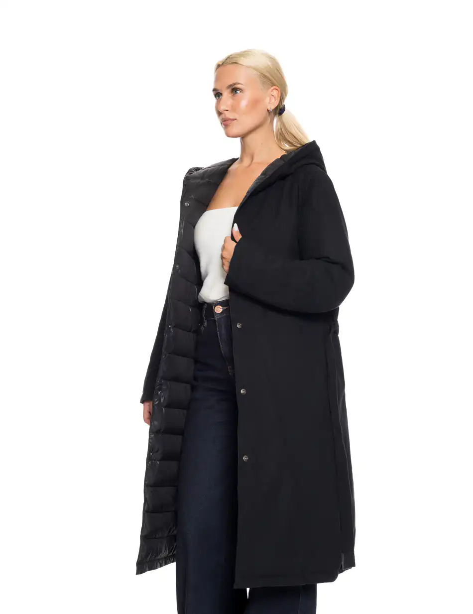 Biston fashion γυναικείο μακρύ μπουφάν με ενσωματωμένη κουκούλα 52-101-068 BLACK