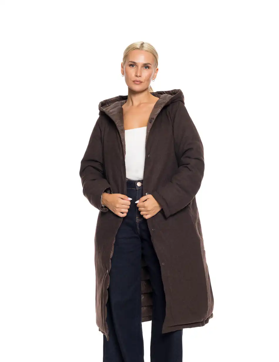 Biston fashion γυναικείο μακρύ μπουφάν με ενσωματωμένη κουκούλα 52-101-068 BROWN