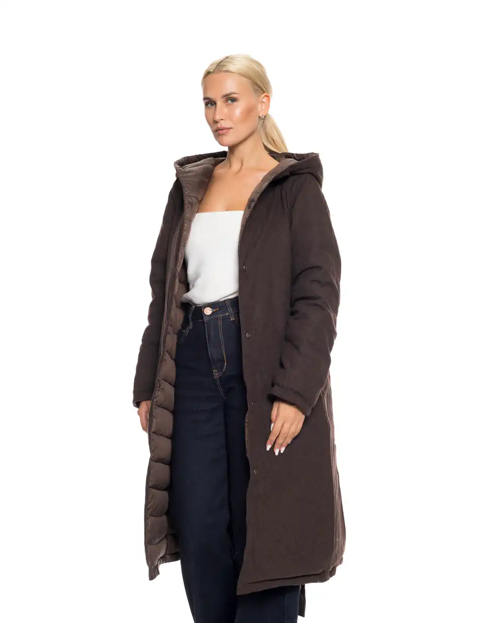 Biston fashion γυναικείο μακρύ μπουφάν με ενσωματωμένη κουκούλα 52-101-068 BROWN