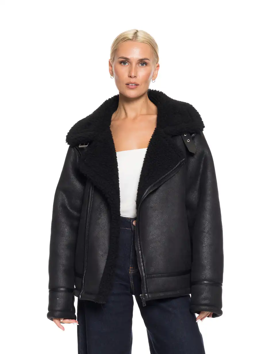 Biston fashion γυναικείο τζάκετ δερμάτινο εφέ, μουτόν 52-101-102 BLACK