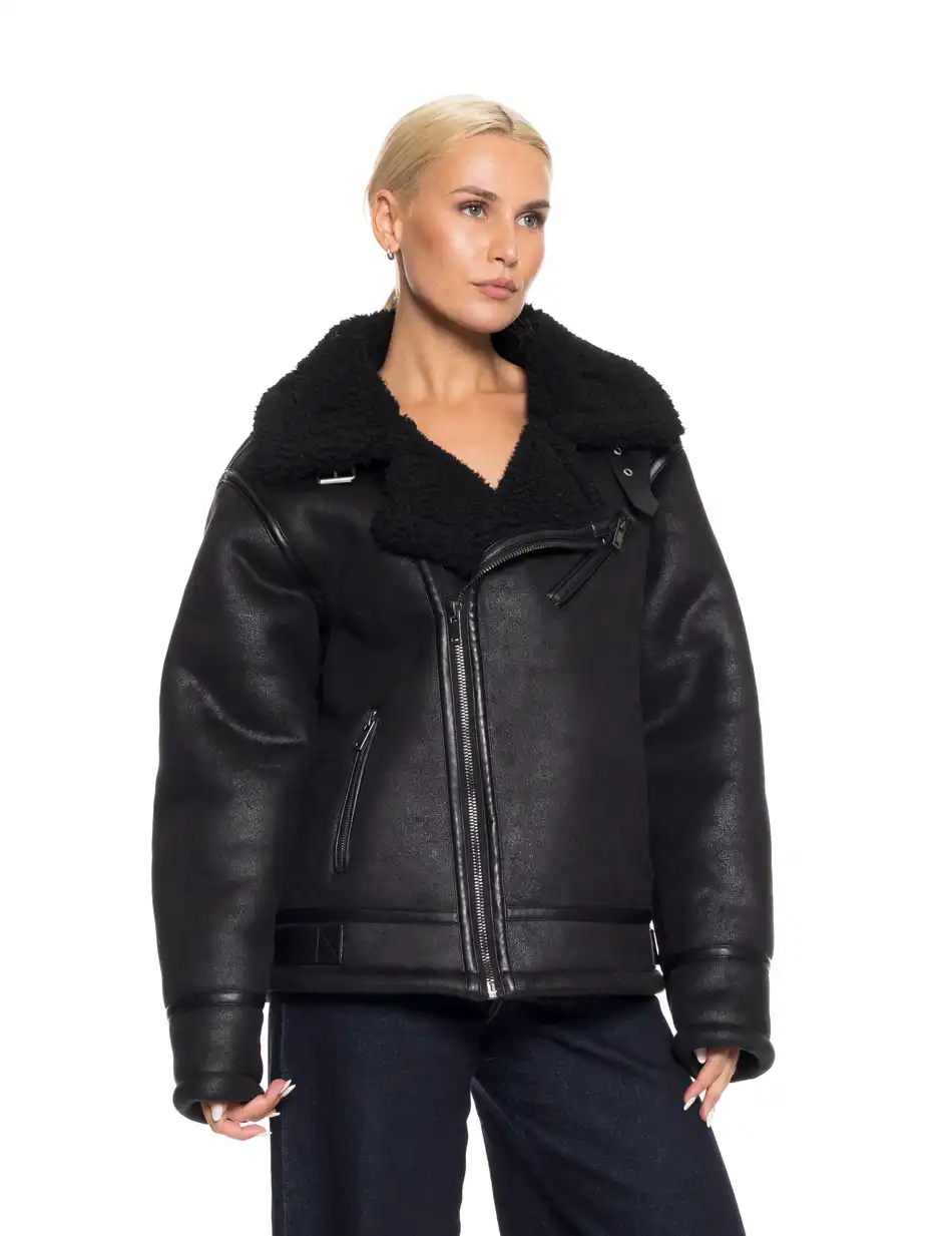 Biston fashion γυναικείο τζάκετ δερμάτινο εφέ, μουτόν 52-101-102 BLACK