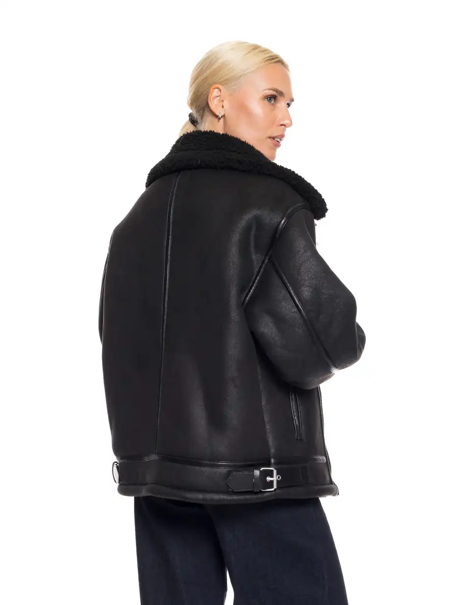 Biston fashion γυναικείο τζάκετ δερμάτινο εφέ, μουτόν 52-101-102 BLACK