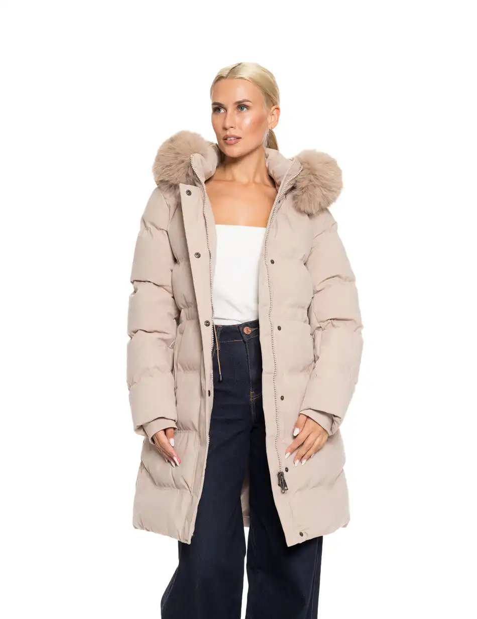 Biston fashion γυναικείο μακρύ μπουφάν με αποσπώμενη κουκούλα 52-101-104 BEIGE