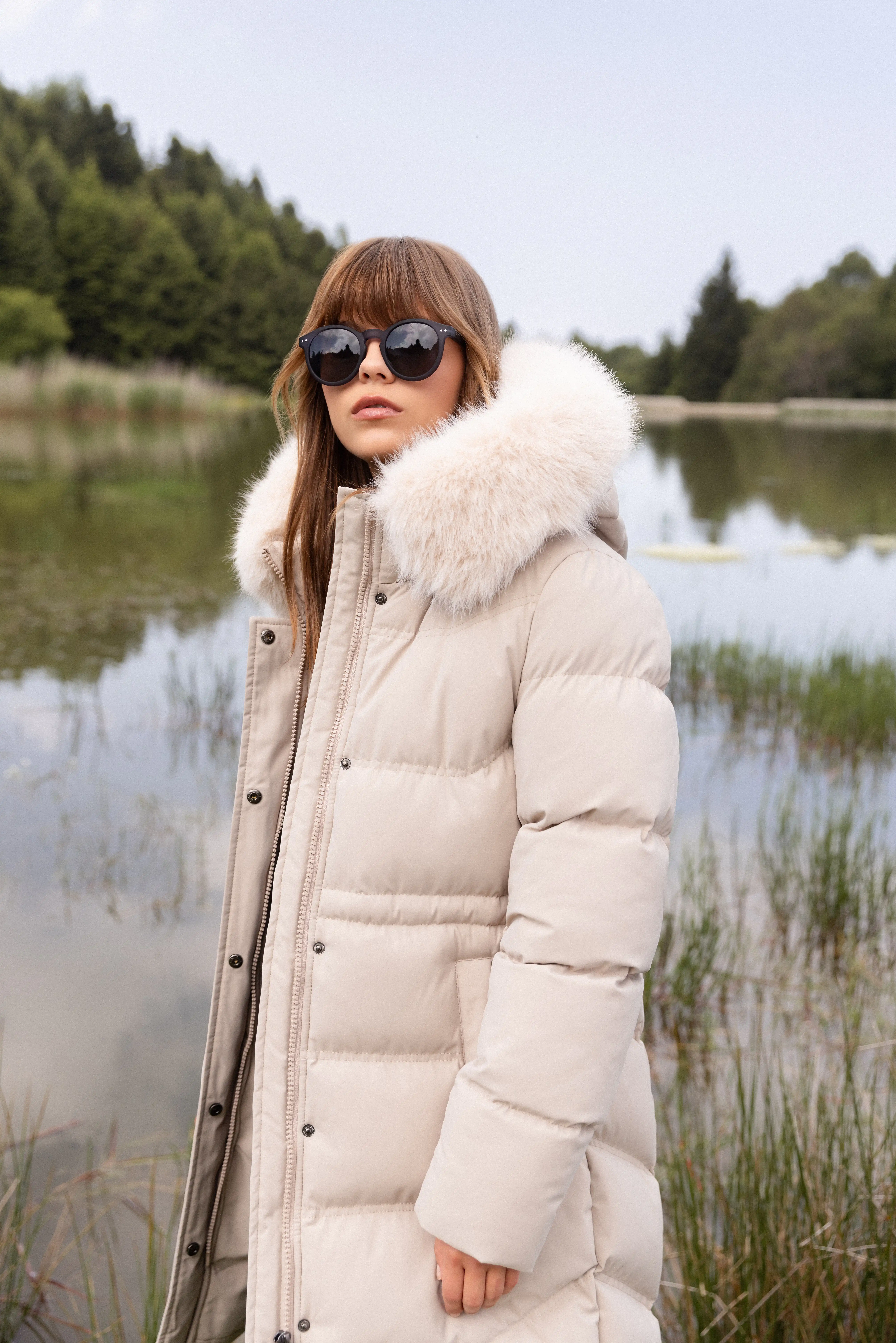 Biston fashion γυναικείο μακρύ μπουφάν με αποσπώμενη κουκούλα 52-101-104 BEIGE