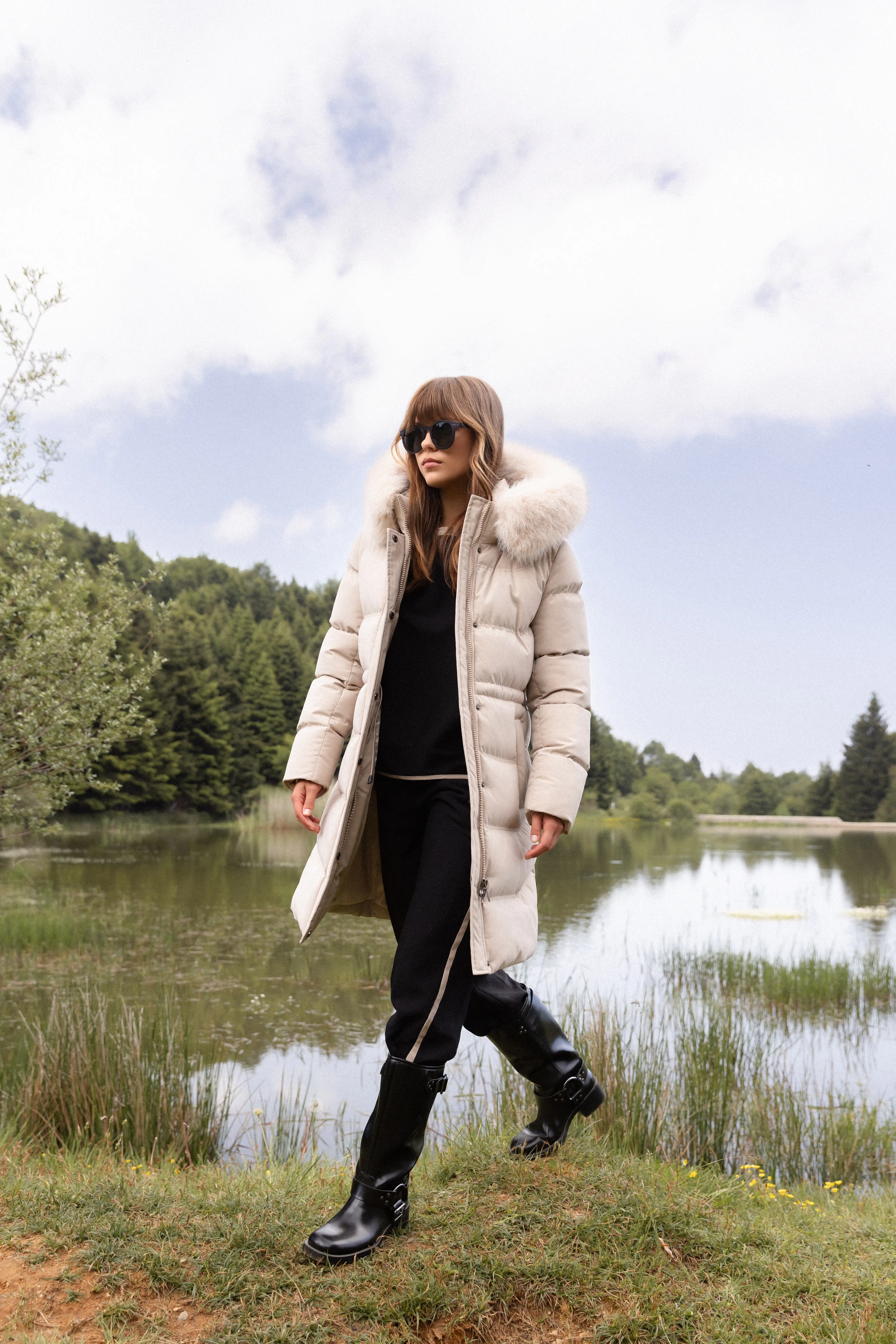 Biston fashion γυναικείο μακρύ μπουφάν με αποσπώμενη κουκούλα 52-101-104 BEIGE