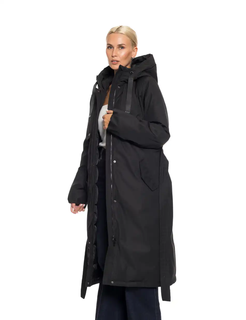 Biston fashion γυναικείο μακρύ μπουφάν με ενσωματωμένη κουκούλα 52-101-105 BLACK