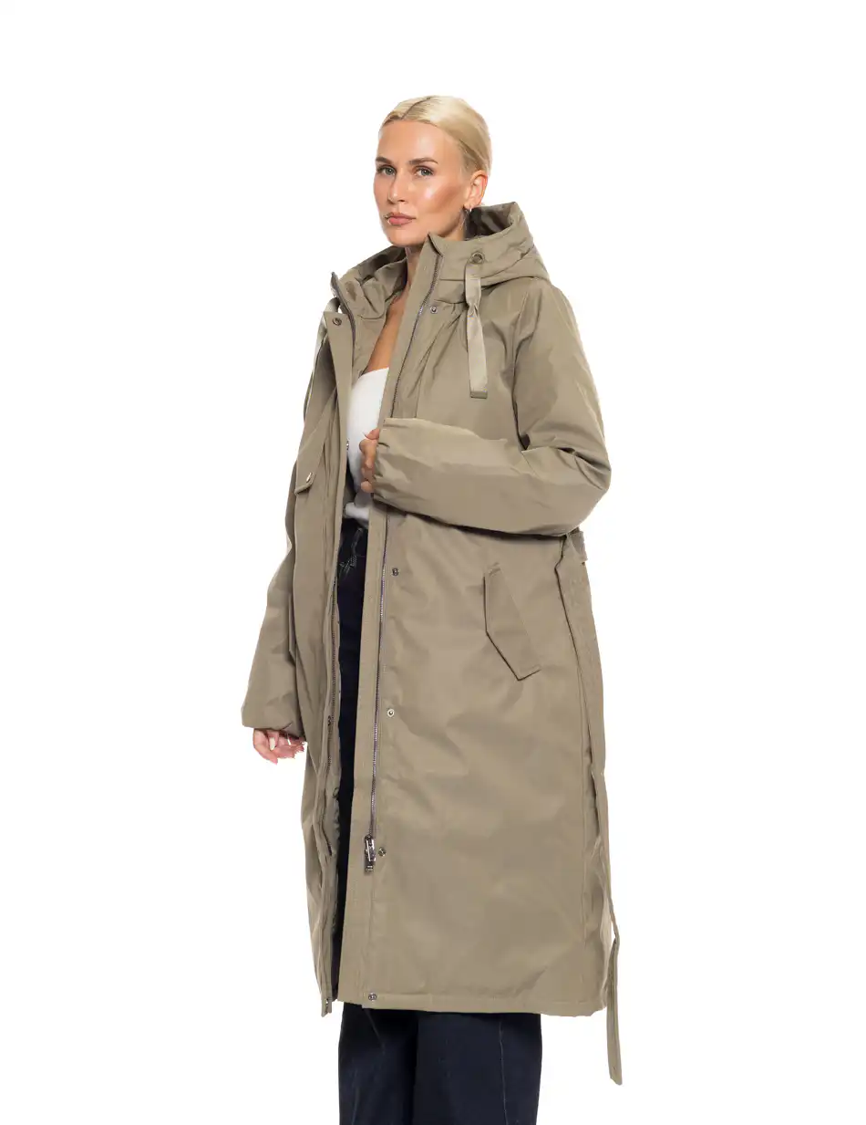 Biston fashion γυναικείο μακρύ μπουφάν με ενσωματωμένη κουκούλα 52-101-105 KHAKI