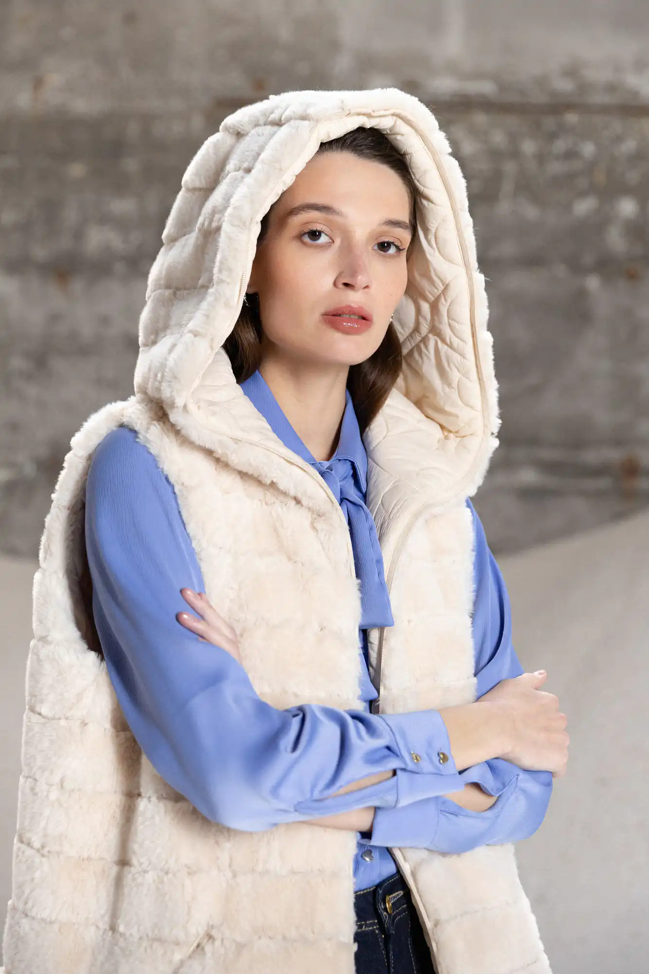 Splendid fashion Γυναικείο demi γούνινο γιλέκο διπλής όψης 52-102-002 OFF WHITE