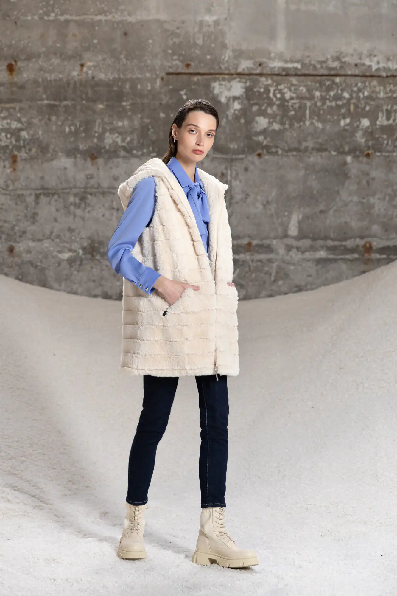 Splendid fashion Γυναικείο demi γούνινο γιλέκο διπλής όψης 52-102-002 OFF WHITE