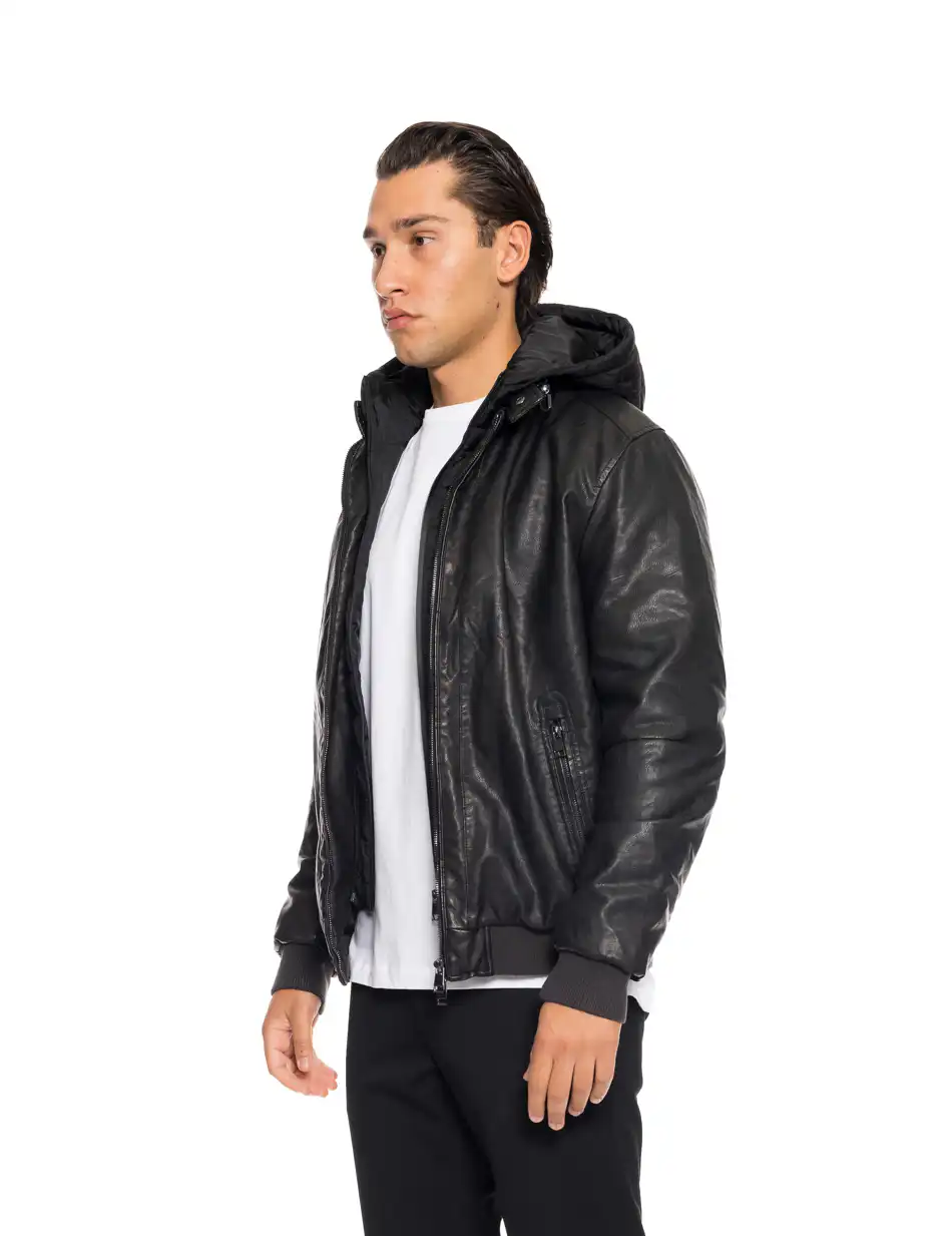 Splendid fashion Ανδρικό κοντό πανωφόρι από συνθετική δερματίνη με αποσπώμενη κουκούλα 52-201-088 BLACK