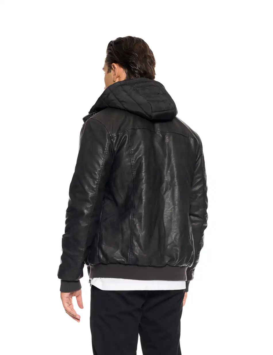 Splendid fashion Ανδρικό κοντό πανωφόρι από συνθετική δερματίνη με αποσπώμενη κουκούλα 52-201-088 BLACK