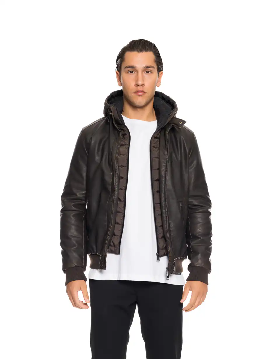 Splendid fashion Ανδρικό κοντό πανωφόρι από συνθετική δερματίνη με αποσπώμενη κουκούλα 52-201-088 BROWN