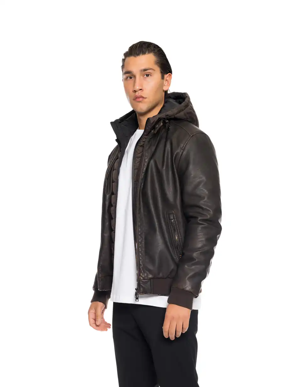 Splendid fashion Ανδρικό κοντό πανωφόρι από συνθετική δερματίνη με αποσπώμενη κουκούλα 52-201-088 BROWN