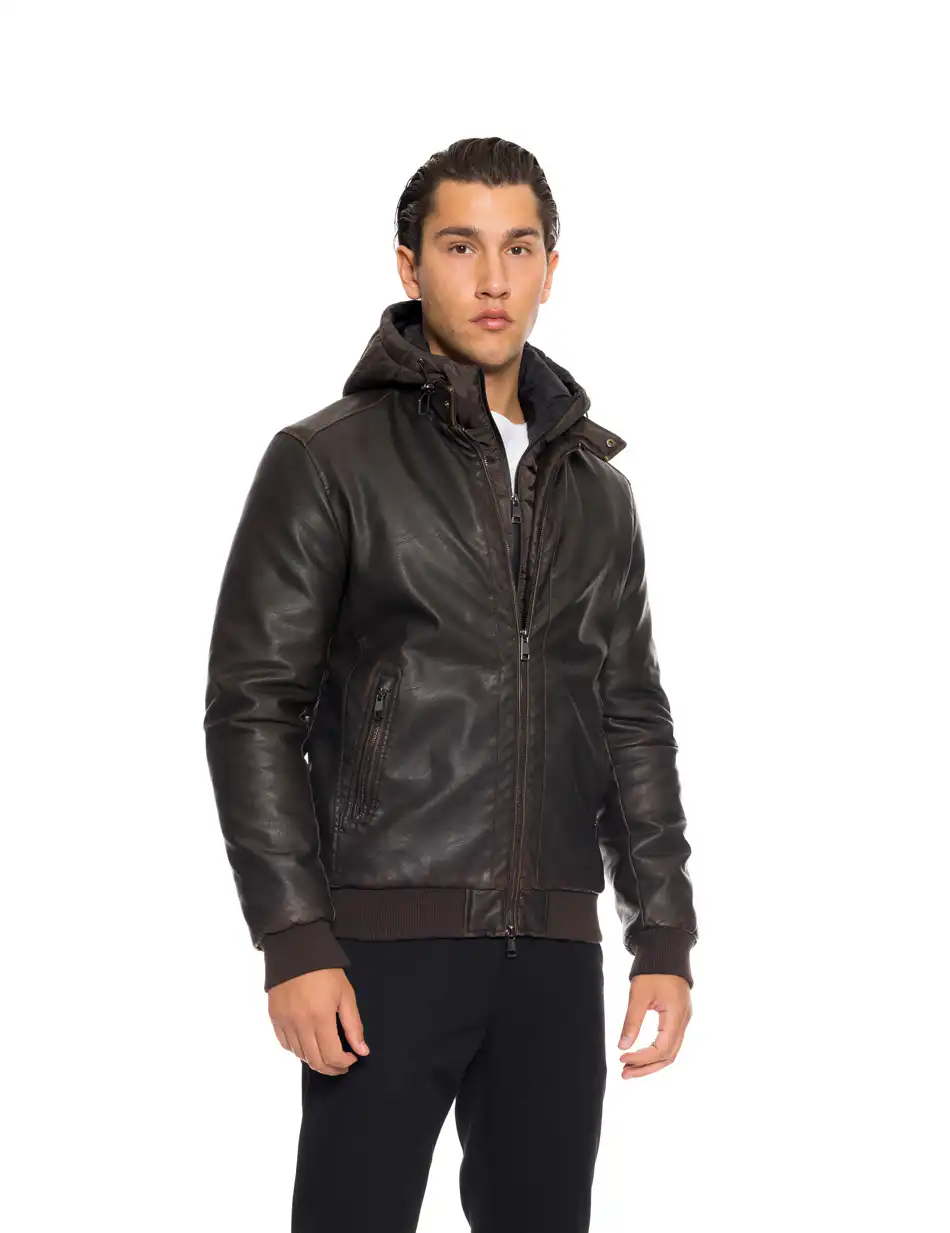 Splendid fashion Ανδρικό κοντό πανωφόρι από συνθετική δερματίνη με αποσπώμενη κουκούλα 52-201-088 BROWN