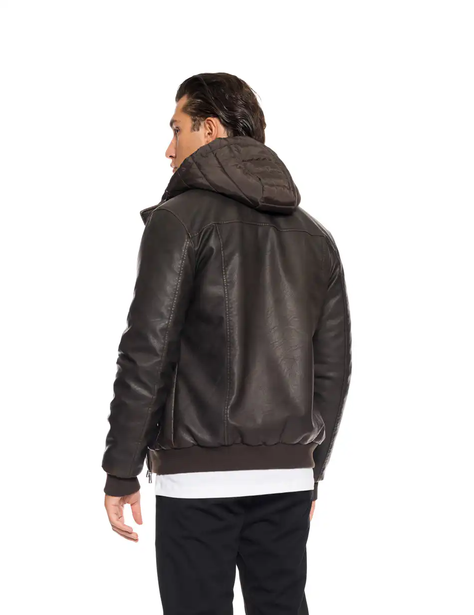 Splendid fashion Ανδρικό κοντό πανωφόρι από συνθετική δερματίνη με αποσπώμενη κουκούλα 52-201-088 BROWN