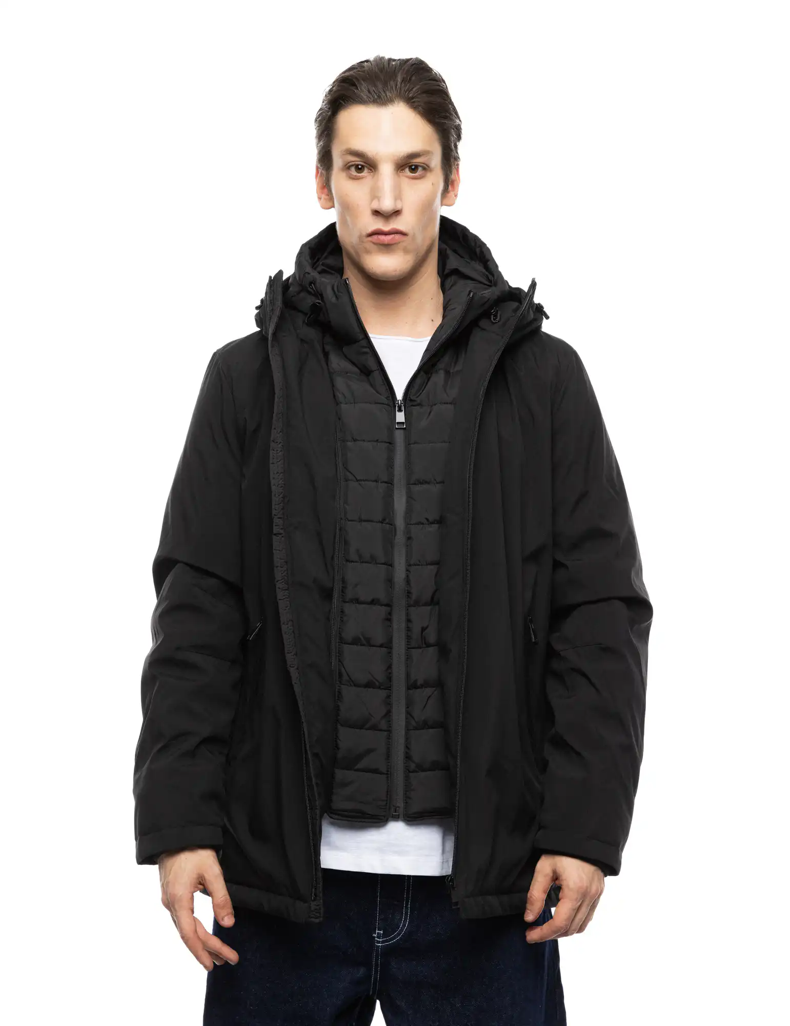 Splendid fashion ανδρικό κοντό μπουφάν με δυο κουκούλες, μια ενσωματωμένη και μια αποσπώμενη 52-201-093 BLACK
