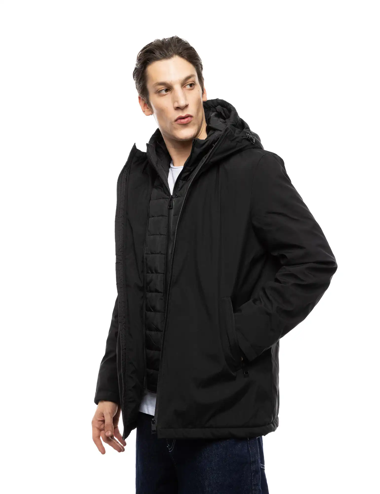 Splendid fashion ανδρικό κοντό μπουφάν με δυο κουκούλες, μια ενσωματωμένη και μια αποσπώμενη 52-201-093 BLACK