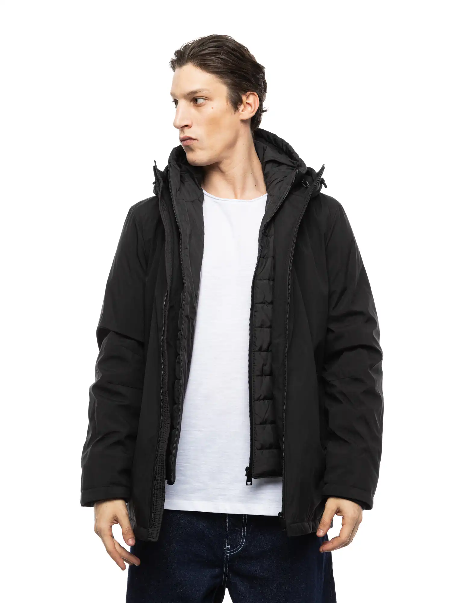 Splendid fashion ανδρικό κοντό μπουφάν με δυο κουκούλες, μια ενσωματωμένη και μια αποσπώμενη 52-201-093 BLACK