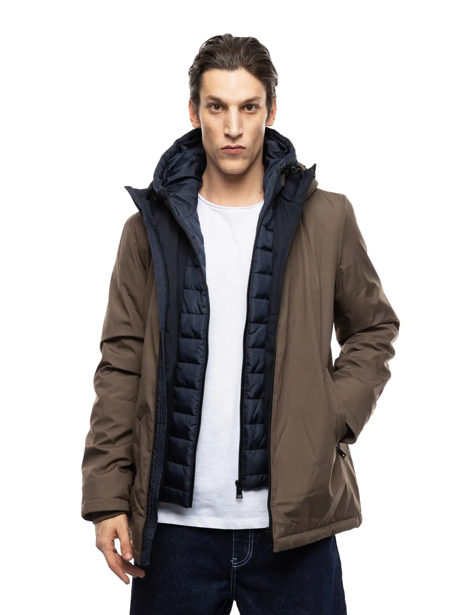 Splendid fashion ανδρικό κοντό μπουφάν με δυο κουκούλες, μια ενσωματωμένη και μια αποσπώμενη 52-201-093 CAMEL