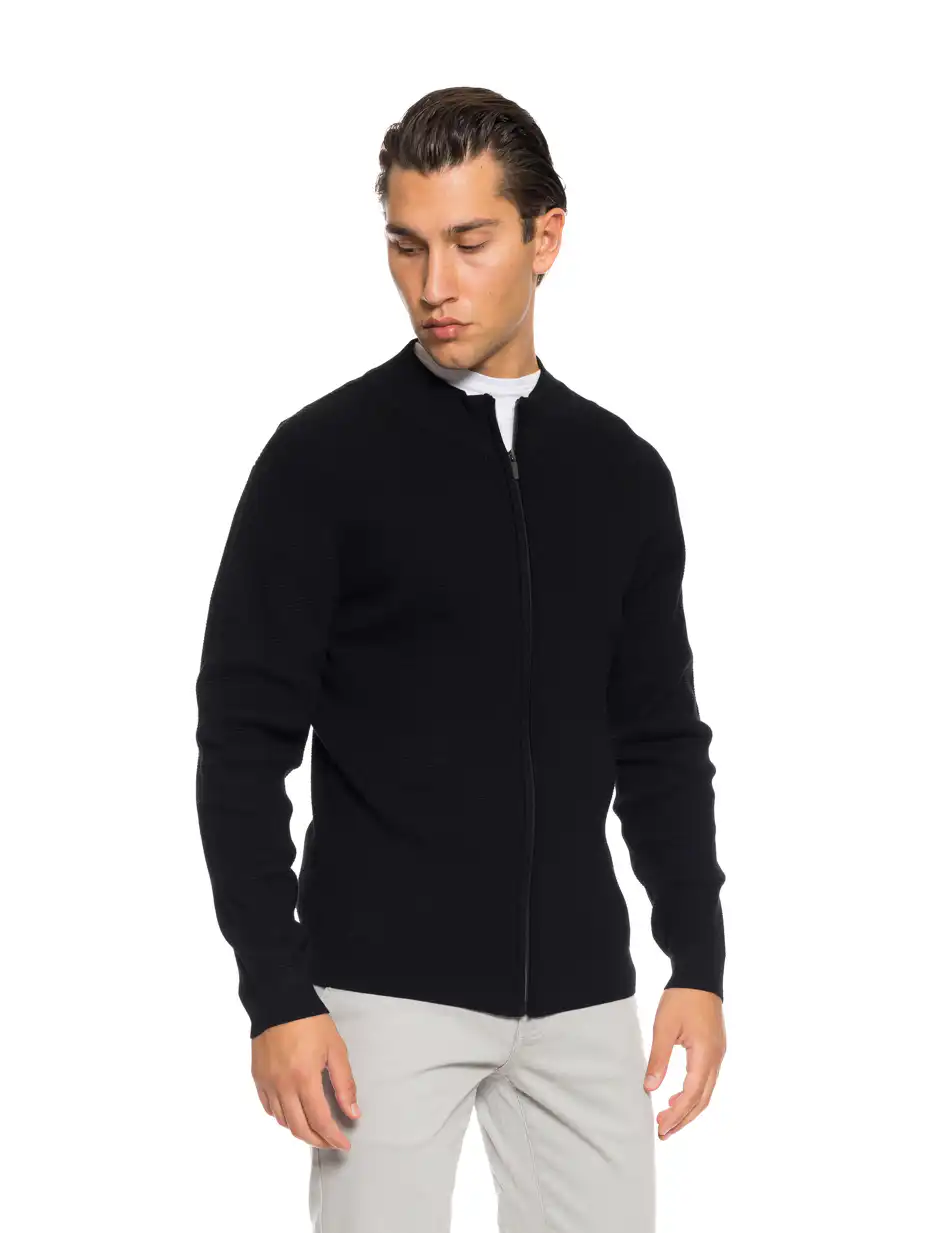 Smart fashion ανδρική πλεκτή μπλούζα με όρθιο γιακά και φερμουάρ 52-206-012 BLACK