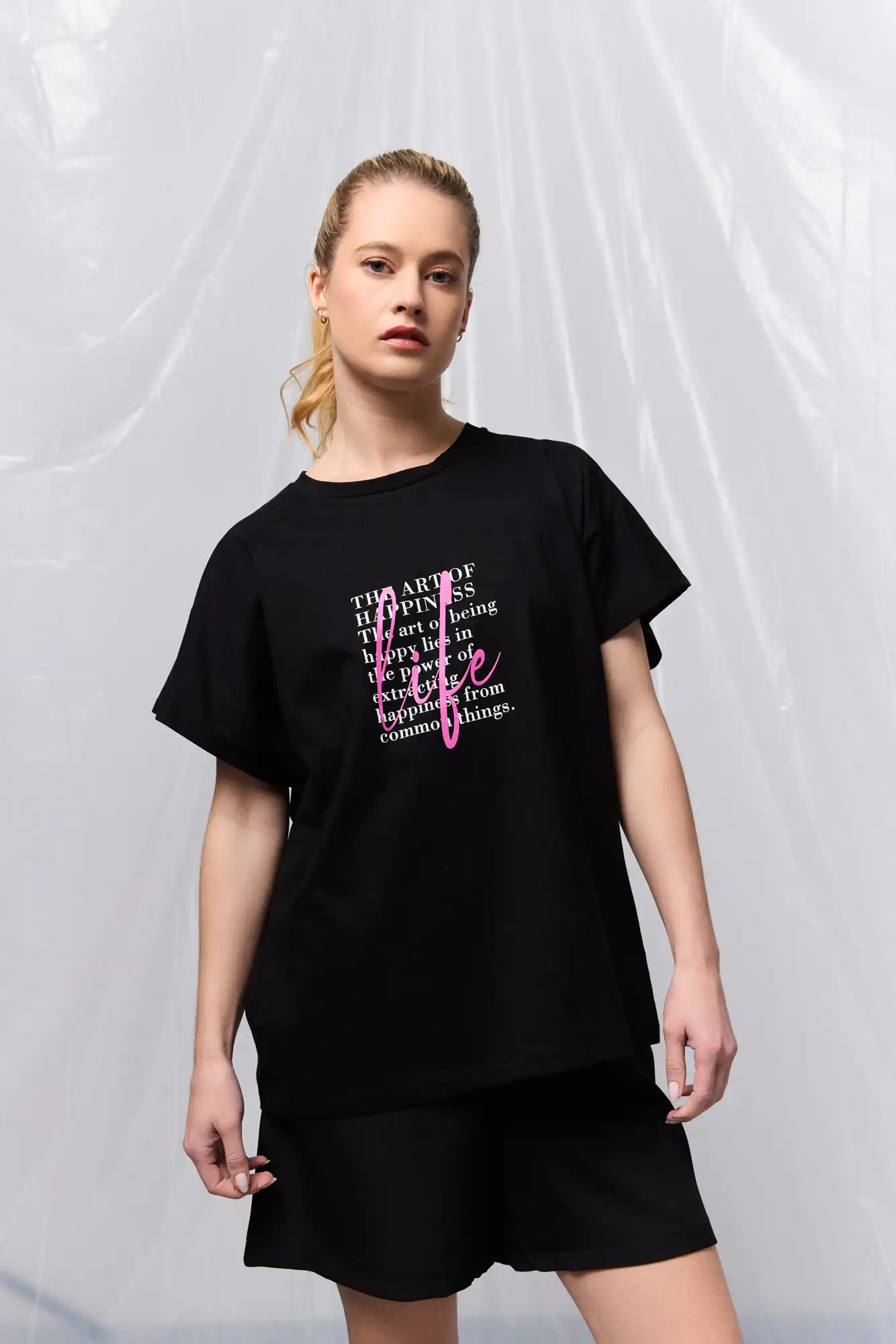 B' Γυναικεία μπλούζα με τύπωμα "LIFE" 53-106-002 BLACK