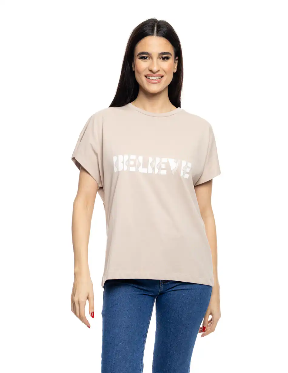 B' Γυναικείο μπλουζάκι με τύπωμα ''BELIEVE'' 53-106-005 BEIGE