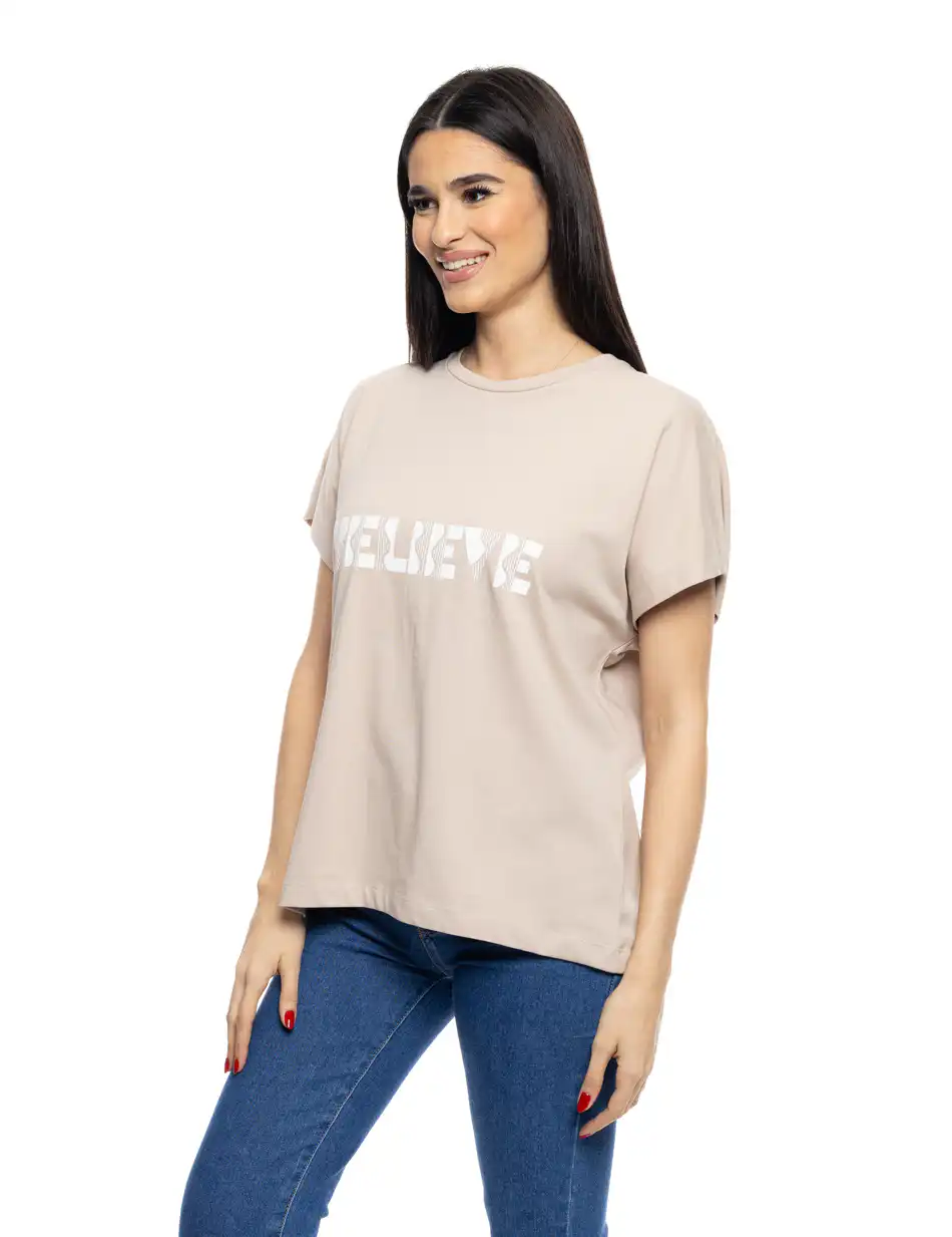 B' Γυναικείο μπλουζάκι με τύπωμα ''BELIEVE'' 53-106-005 BEIGE