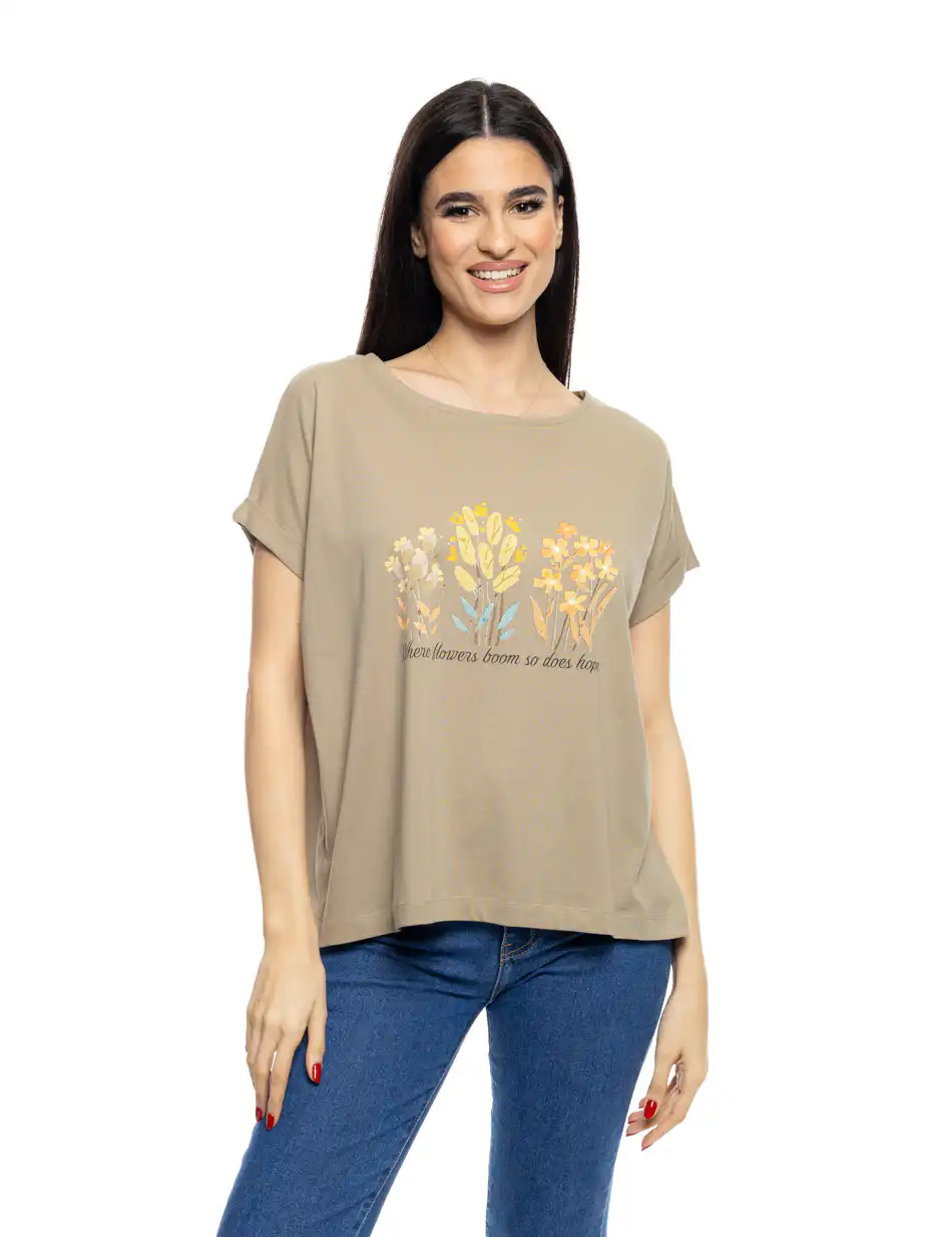 B' Γυναικείο t-shirt με τύπωμα ''FLOWERS'' 53-106-015 KHAKI