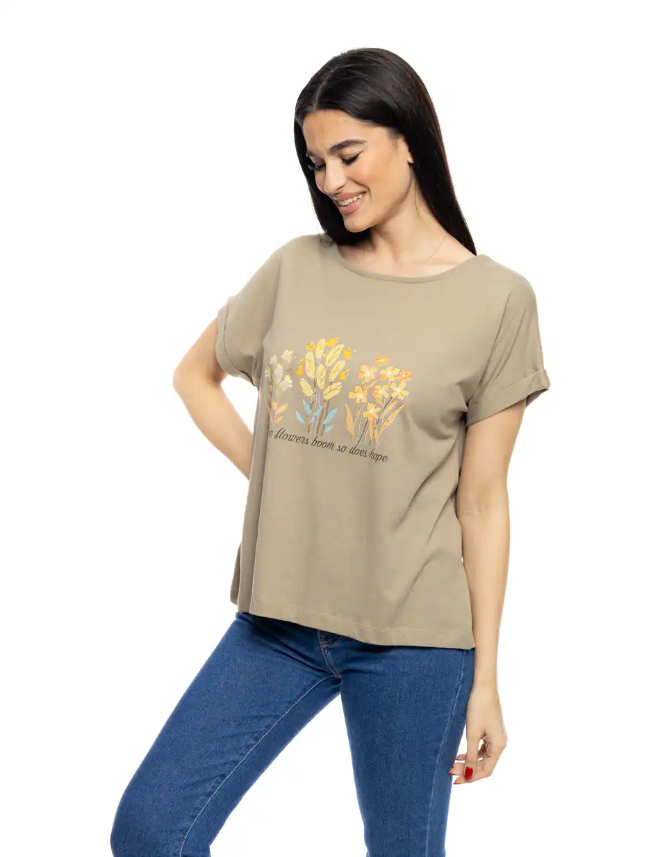 B' Γυναικείο t-shirt με τύπωμα ''FLOWERS'' 53-106-015 KHAKI