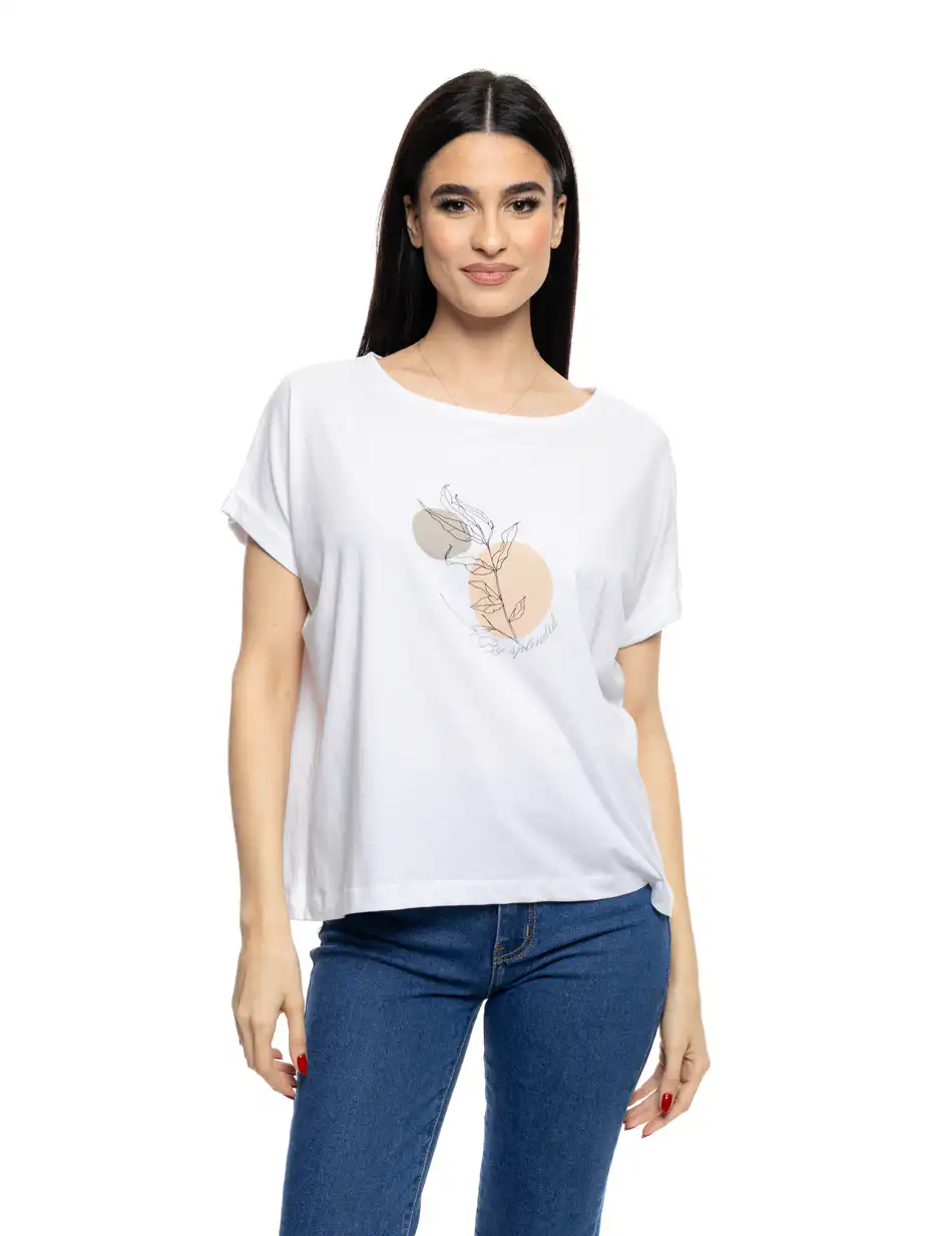 S' Γυναικείο t-shirt με τύπωμα ''CIRCLE WITH LEAF'' 53-106-017 WHITE