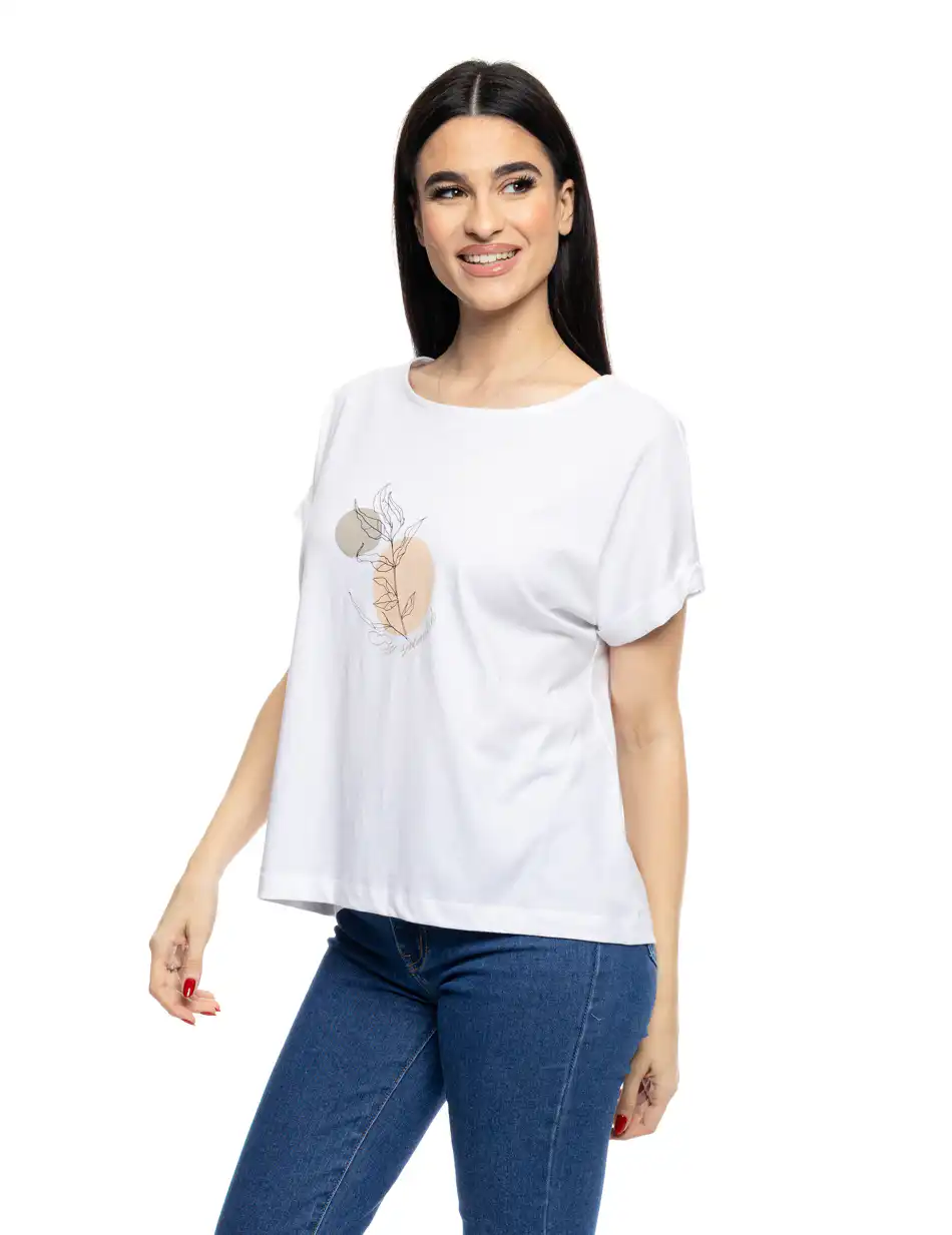 S' Γυναικείο t-shirt με τύπωμα ''CIRCLE WITH LEAF'' 53-106-017 WHITE