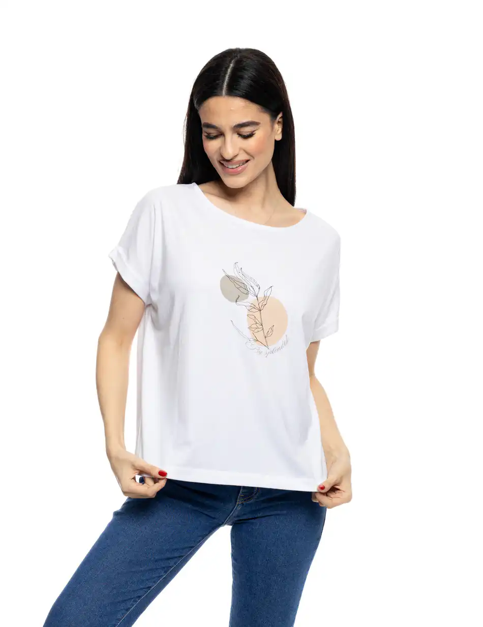 S' Γυναικείο t-shirt με τύπωμα ''CIRCLE WITH LEAF'' 53-106-017 WHITE
