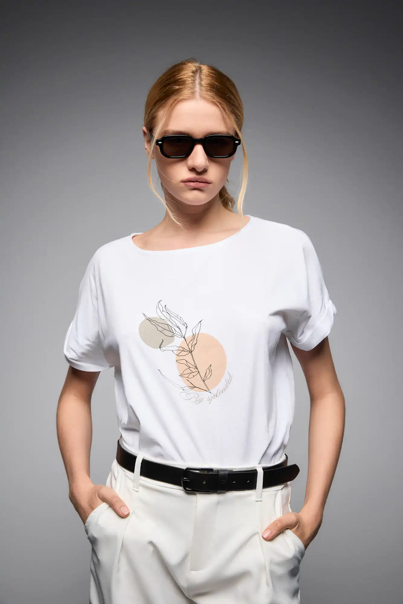 S' Γυναικείο t-shirt με τύπωμα ''CIRCLE WITH LEAF'' 53-106-017 WHITE