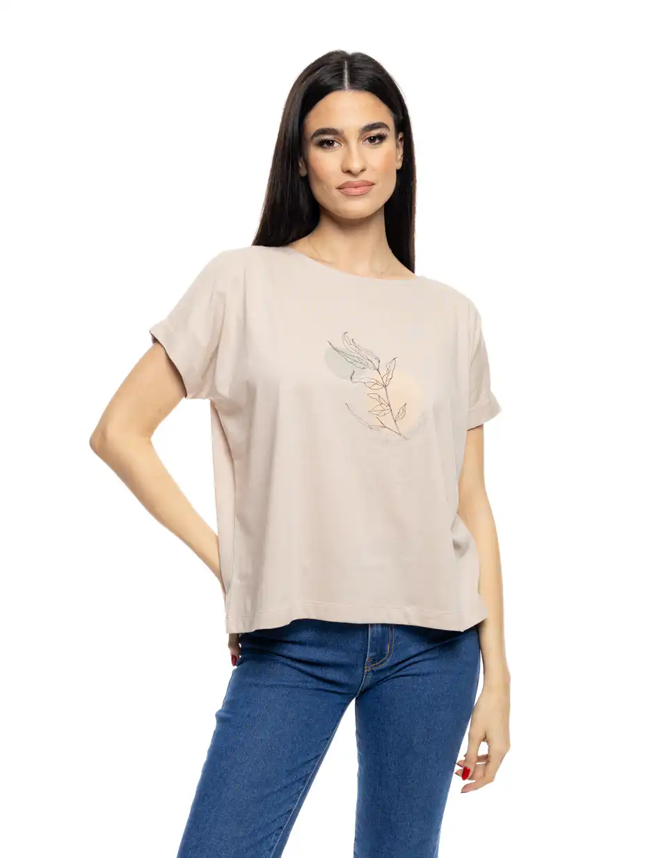 S' Γυναικείο t-shirt με τύπωμα ''CIRCLE WITH LEAF'' 53-106-017 BEIGE