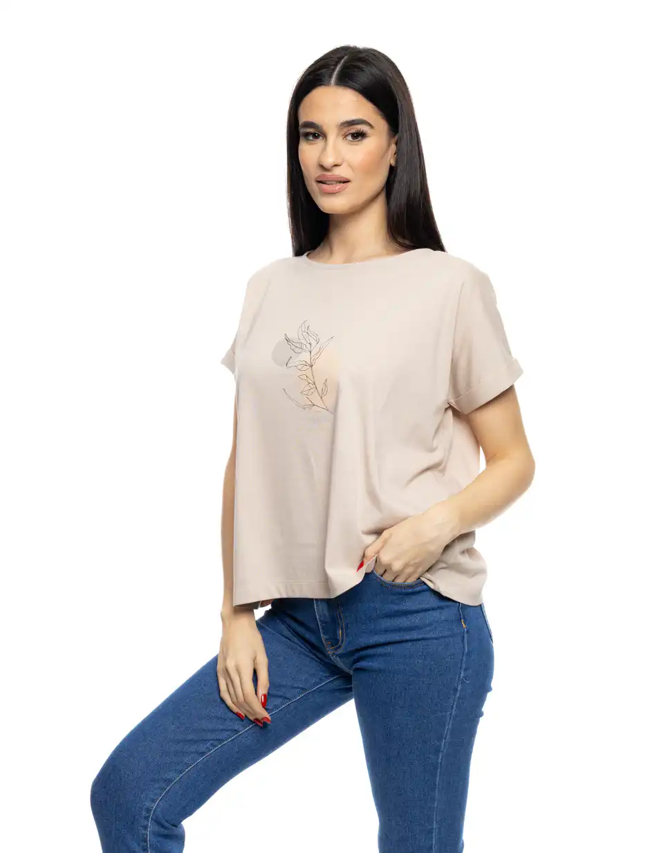S' Γυναικείο t-shirt με τύπωμα ''CIRCLE WITH LEAF'' 53-106-017 BEIGE