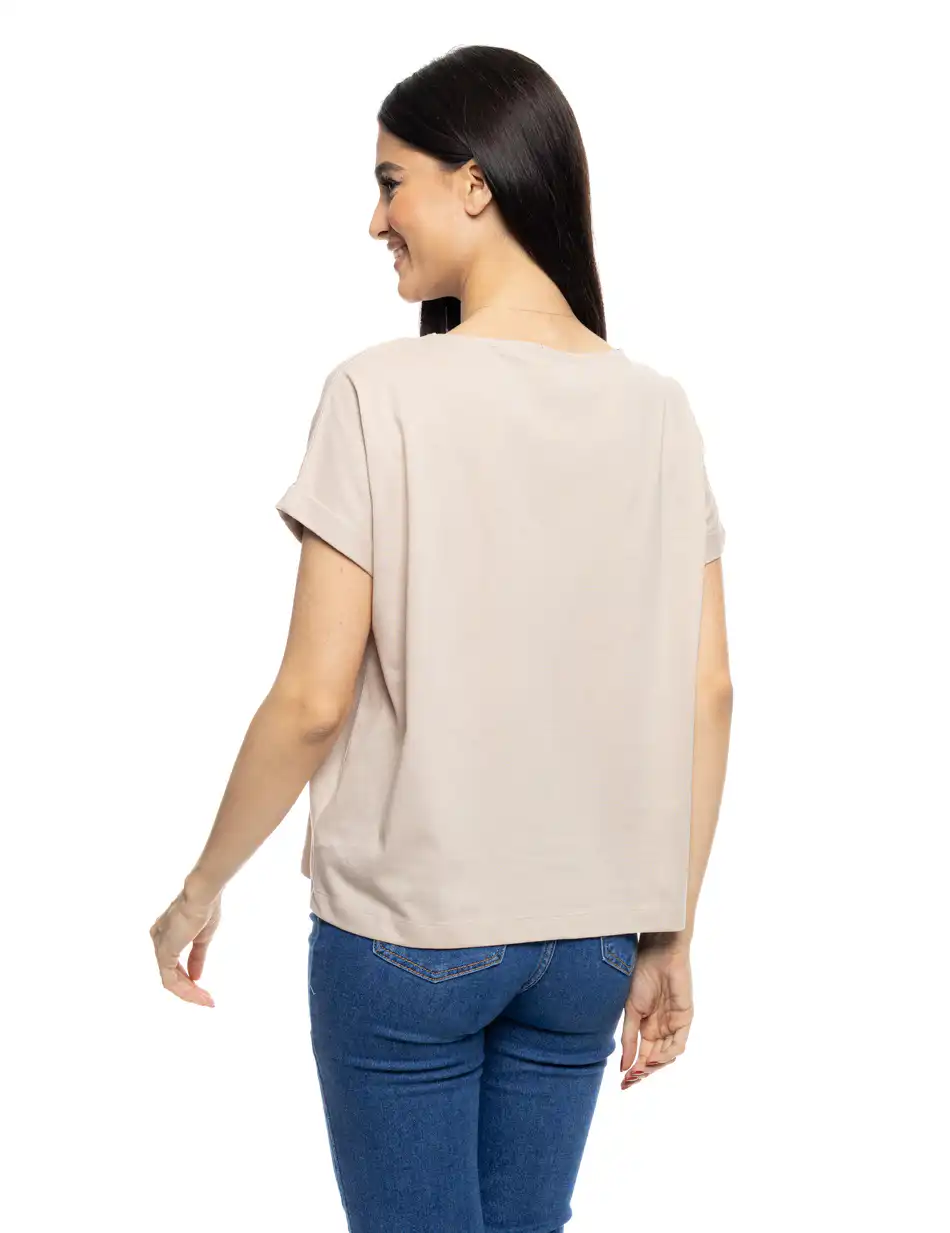 S' Γυναικείο t-shirt με τύπωμα ''CIRCLE WITH LEAF'' 53-106-017 BEIGE