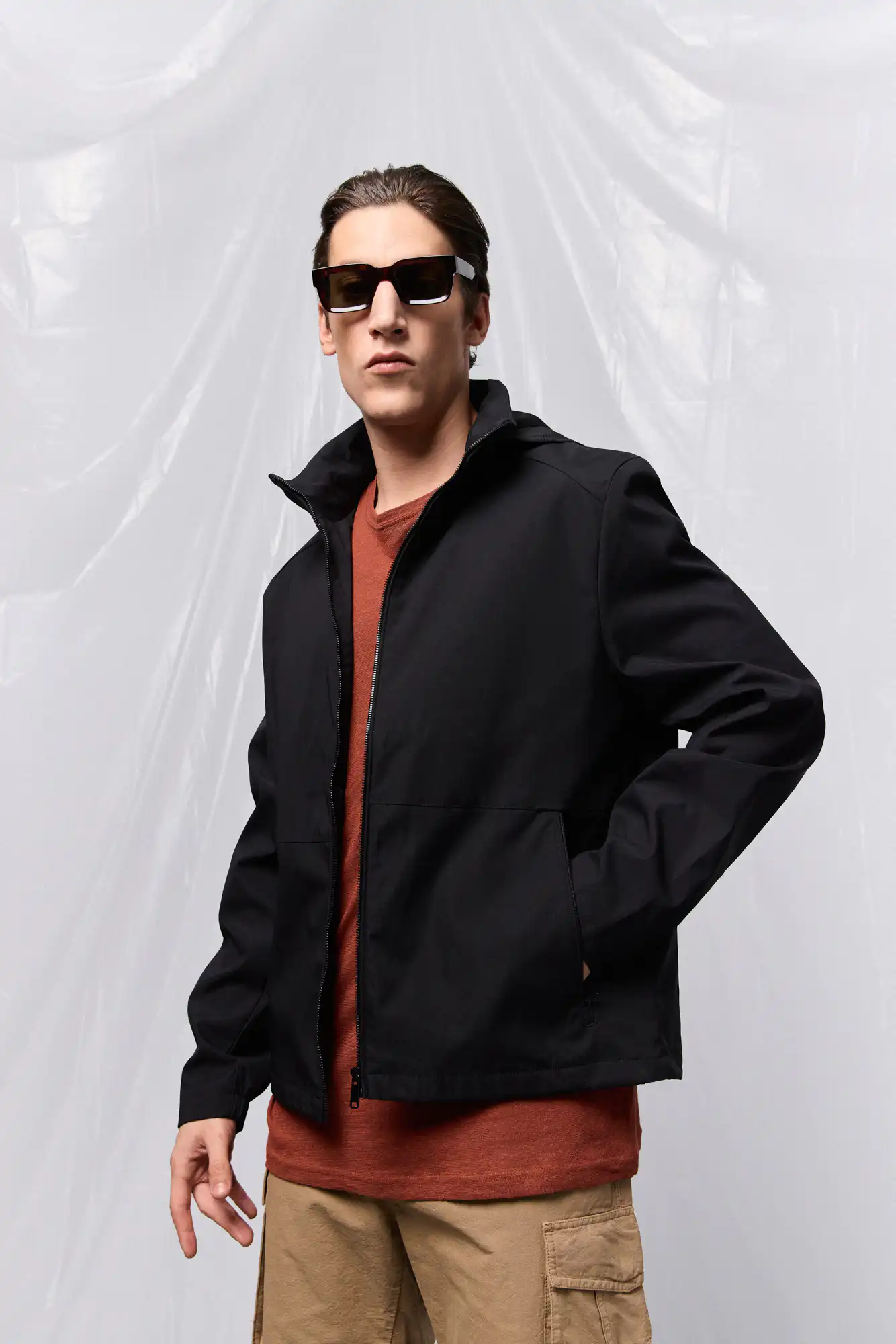 B' Ανδρικό κοντό πανωφόρι με κρυφή κουκούλα 53-201-004 BLACK