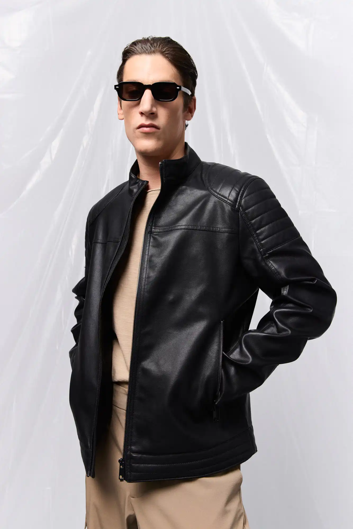 B' Ανδρικό πανωφόρι από δερματίνη 53-201-006 BLACK